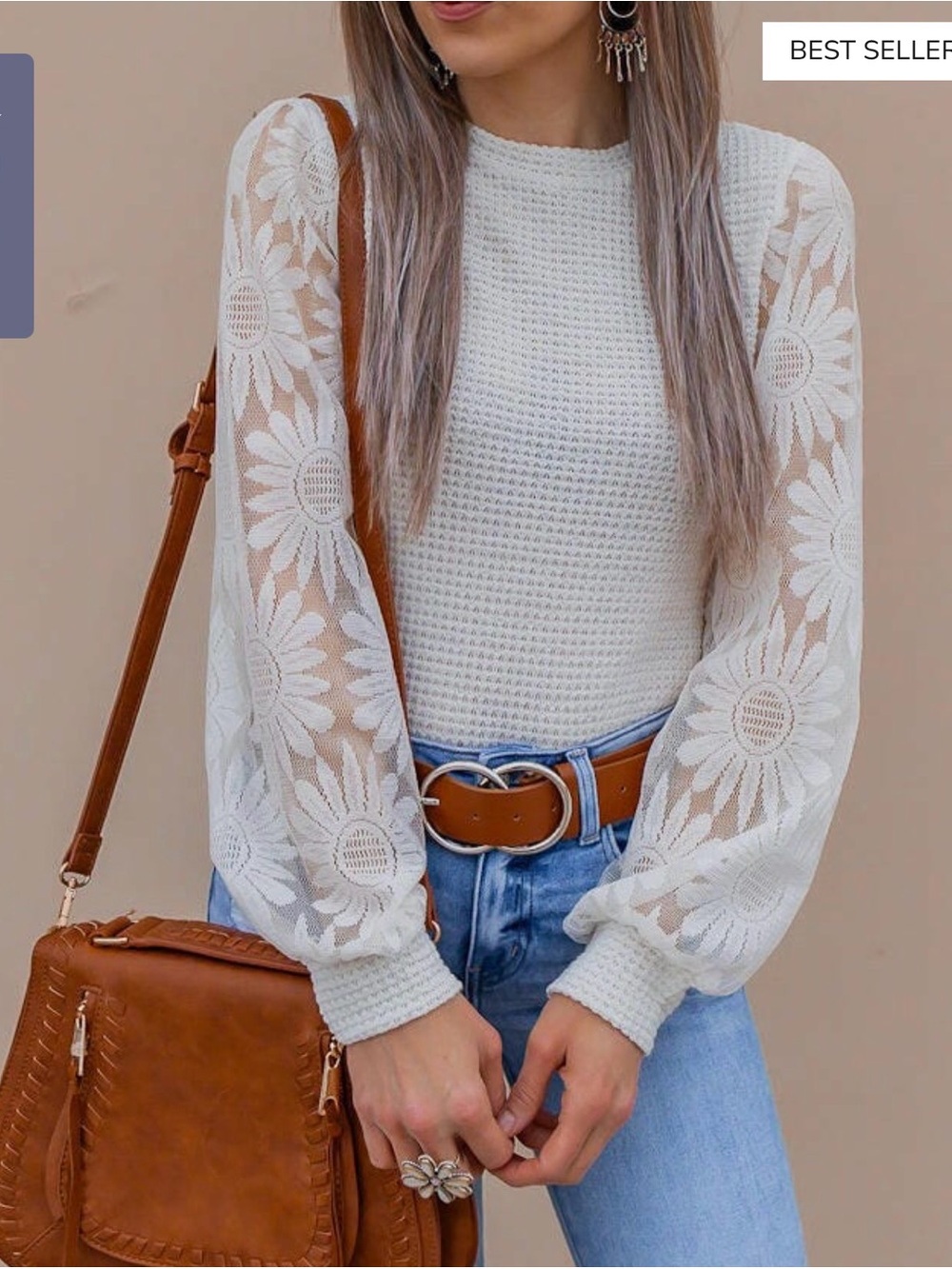 Women’s Cream Knit Sweater with Lace Floral Sleeves